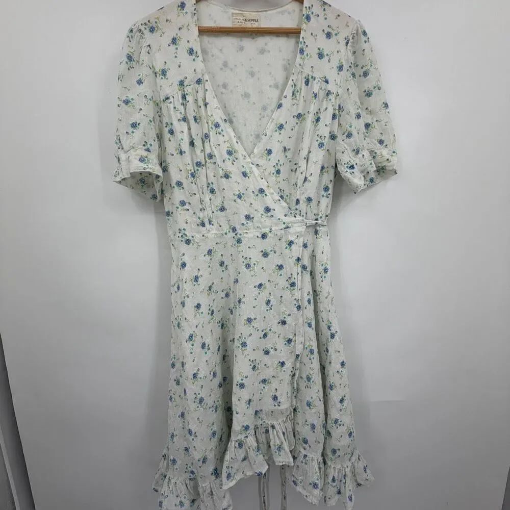 Denim & Supply Ralph Lauren XL Blue Floral Wrap Dress Cottagecore Ruffle Hem 100